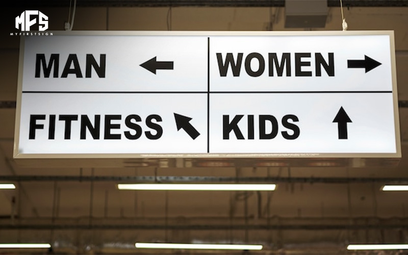 A lighted ceiling sign with arrows for different sections.